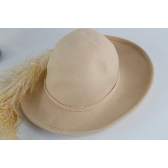 Vintage 60s Streetwear Wool Felt Ostrich Plume Feather Wide Brim Hat Womens 23\
